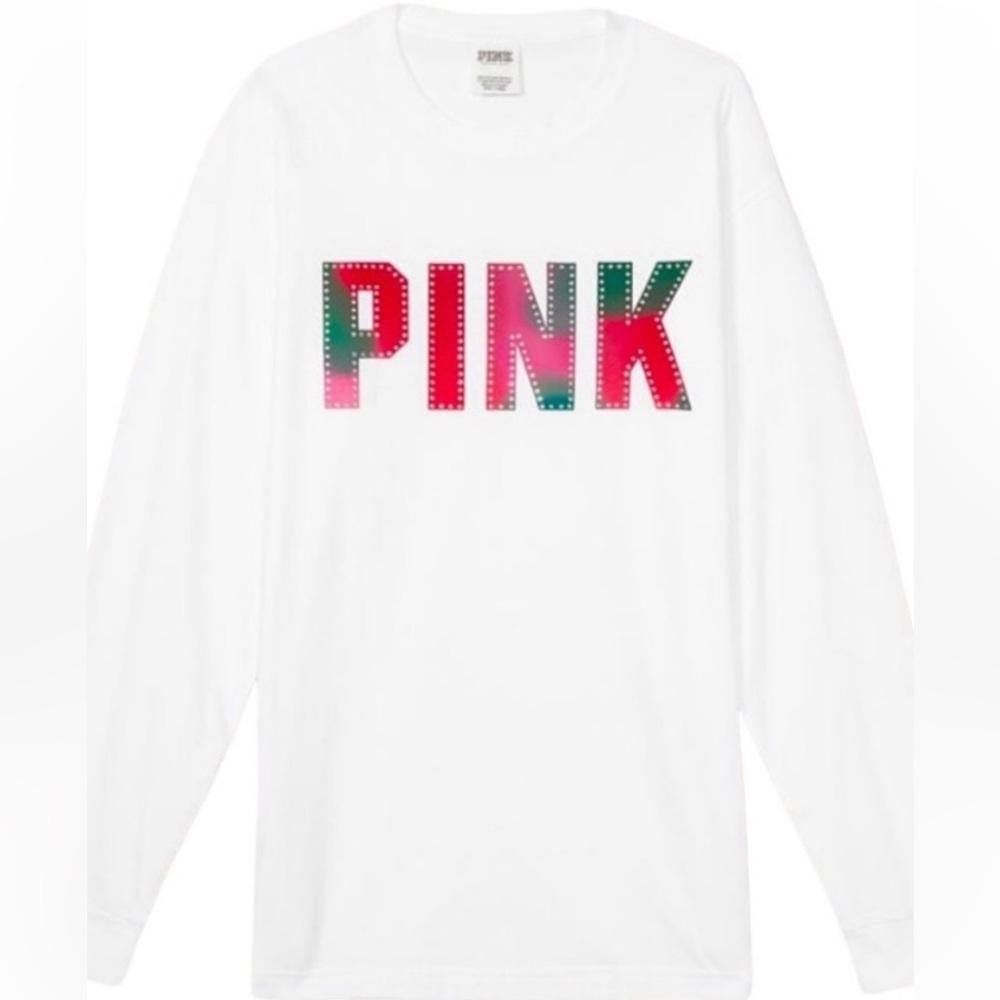 💕NWT VS PINK WHITE CAMPUS BLING TEE AND FLEECE BAGGY JOGGERS / 2 PIECE SET PINK - Picture 12 of 15